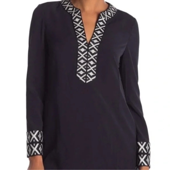 Tory Burch Tops - Tory Burch V-neck Navy Blue Embroidered Detail Tunic Top Size 2